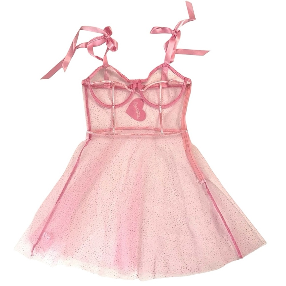 Sugar Thrillz Tips N Tricks Sheer Sparkly Pink Bustier Mini Dress Size Small